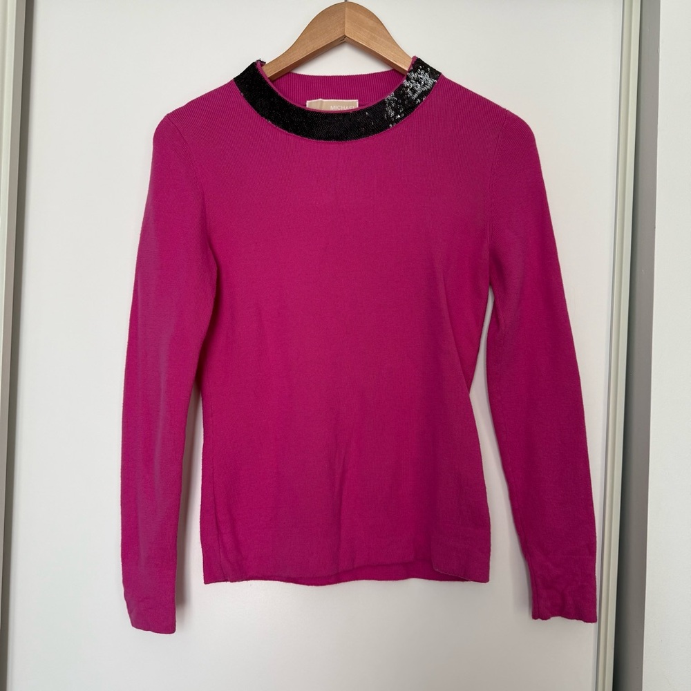 Michael Kors Pink Knit Sweater 100% Cotton with Black Sequins